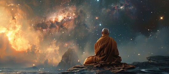 Observing the cosmos, a Buddhist monk. - obrazy, fototapety, plakaty