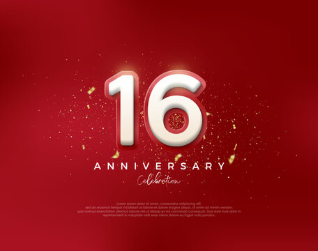 16th anniversary number. with 3d white numbers on a red background. Premium vector for poster, banner, celebration greeting.