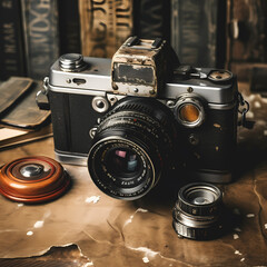 A vintage camera and film rolls on a weathered table.