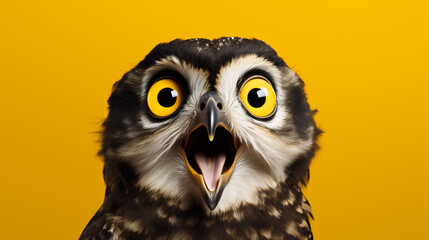 Studio portrait of surprised owl isolated on yellow