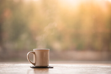 Fresh brew of coffee or tea on table ,early morning relax concept 