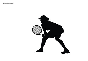 A tennis player woman silhouette sports person design element. The athlete playing tennis with racket and ball. Drawing art illustration of female tennis player. Tennis player vector.