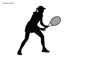 A tennis player woman silhouette sports person design element. The athlete playing tennis with racket and ball. Drawing art illustration of female tennis player. Tennis player vector.