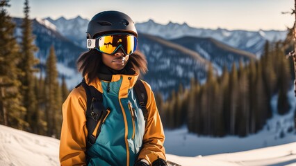 Fototapeta na wymiar A girl in ski gear in the mountains. An African-American athlete.