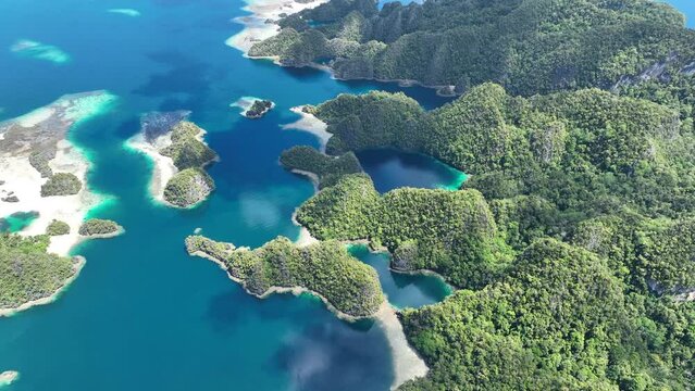 Scenic limestone islands, fringed by coral reefs, rise from the amazing seascape in Raja Ampat, Indonesia. These islands' reefs, and the surrounding seas, support extraordinary marine biodiversity.