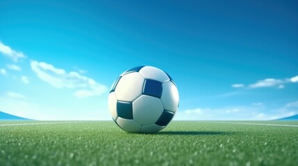 Fototapeta premium Ball on green grass in soccer stadium, Football banner illustration. Soccer field