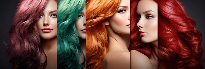 Naklejka premium Several young beautiful women with bright and colorful hairstyles showing individuality and creativity. Comparison of hairstyles and hair color. Generative AI
