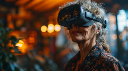 A tech-savvy baby boomer seamlessly navigating the digital landscape. Engaged with a VR headset, this photo captures the spirit of adaptability and enthusiasm for modern technology.