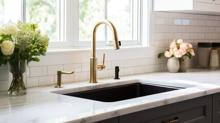 A beautiful sink in a remodeled modern farmhouse kitchen with a gold faucet, black farmhouse sink,...