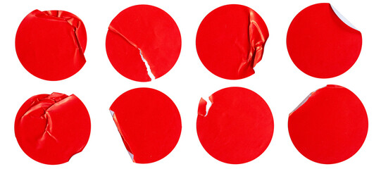 A set of blank red round adhesive paper sticker label isolated on white background.	