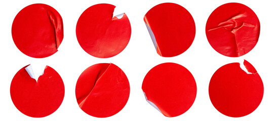 A set of blank red round adhesive paper sticker label isolated on white background.	