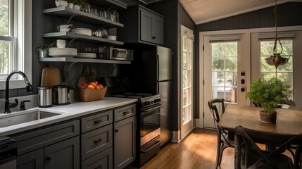A small cottage kitchen with gray cabinets and dark hardwood floors in a short-term rental house.