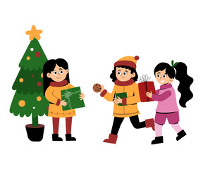 children and christmas tree