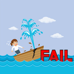Obraz na płótnie Canvas Businesswoman in a sinking boat with collides with word fail. illustration vector cartoon.