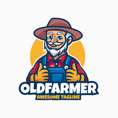 Vector Logo Illustration Old Farmer Mascot Cartoon Style.