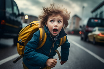 Schoolboy scared face with a backpack crosses a dangerous section of the road at an unregulated pedestrian crossing, going to school. Attention on the road, violation of traffic rules - obrazy, fototapety, plakaty