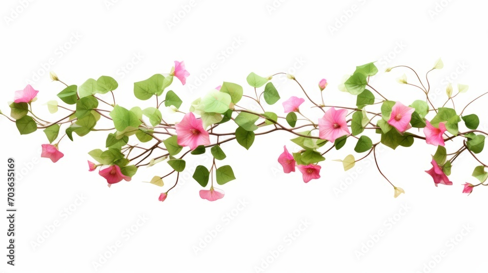 Wall mural green vine plant with dried pink flowers isolated on white background isolated on white background,.