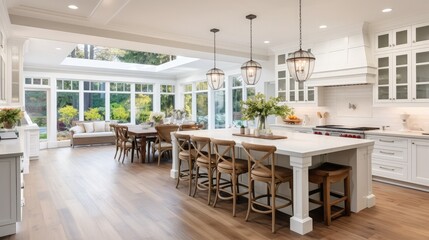Beautiful white kitchen in new luxury home. Features large island,pendant lights, and hardwood floors