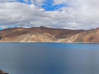Pangong Tso (High grassland lake), or Pangong Lake, an endorheic lake in the Himalayas that extends from India to the Tibetan Autonomous Region of China, Leh Ladakh.
