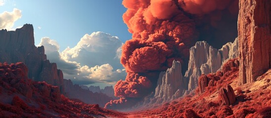 Explosive red clouds of rock detonation.