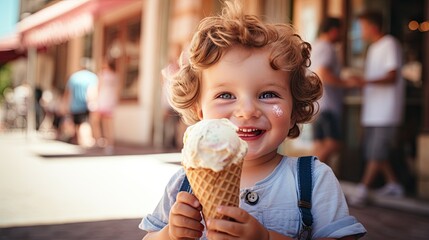 Cute boy model holding and eating a gelato ice cream in a cone.