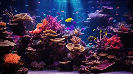 Fototapeta na wymiar A beautiful of a aquarium with fishes and corals.