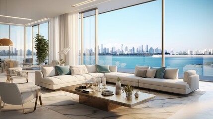 Fototapeta na wymiar Bright luxury living room in an apartment of Serenia Residences on the east crescent of Palm Jumeirah, Dubai