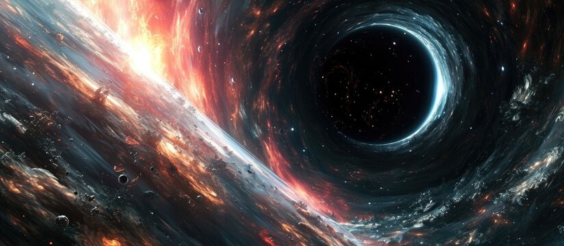 Realistic science fiction art depicting a giant black hole's illustration and event horizon in 5K.