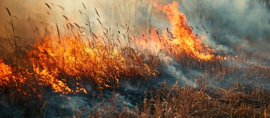 Wild fire burning dried grass on field during the day. Smoking and emitting flame, smoke, and ash. Ecological disaster impacting the environment, contributing to climate change and ecological - obrazy, fototapety, plakaty