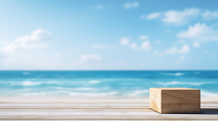 Fototapeta premium Beachfront wooden display podium for product showcase, minimalist presentation stand on a sunny seaside backdrop. AI Generative