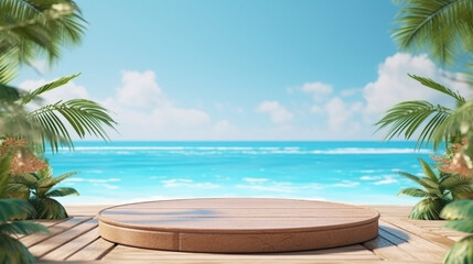 Tropical beach wooden presentation podium on sunny seaside backdrop, ideal for product display AI Generative - obrazy, fototapety, plakaty