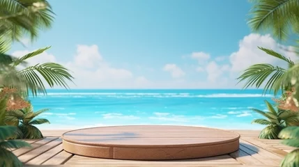 Fotobehang Tropical beach wooden presentation podium on sunny seaside backdrop, ideal for product display AI Generative © Julia