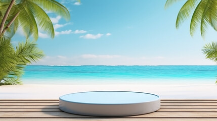 Elegant product presentation podium on a beach backdrop, ideal for showcasing luxury goods. AI Generative