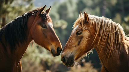 Obraz premium A pair of horses engaged in a playful interaction, conveying the social and gentle nature of these magnificent animals