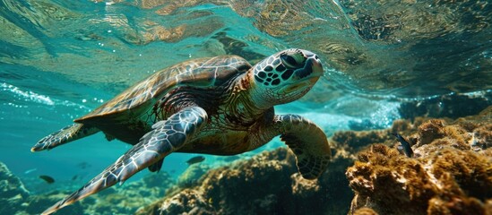 Fototapeta premium Green sea turtle swimming in warm Pacific Ocean waters in Hawaii.