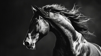 A striking black and white image of a horse in motion, showcasing the contrast of its powerful physique and graceful movement