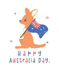 Australia day with adorable baby kangaroo cartoon waving a flag.