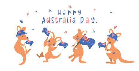 Group of Australia day with adorable baby kangaroos cartoon animal with balloons and flag.