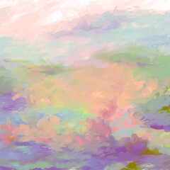 Obraz premium Impressionistic Meadow or Valley Landscape in Bloom in Green, Coral, Lavender Purple, Orange, & Pink Yellow Digital Painting, Art, Artwork, Design, Illustration