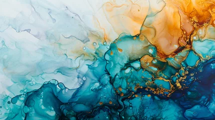 Foto auf Acrylglas 透明の色合いの流れ、蛇行する金属の渦巻き、色の泡状のスプレーが、これら自由に流れるテクスチャーの風景GenerativeAI © enopi