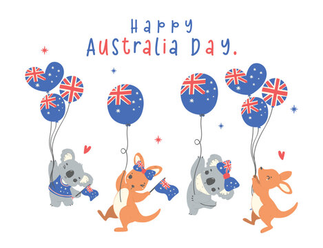 Australia Day banner, group of animal baby kangaroos and koalas cartoon animal with balloons flag