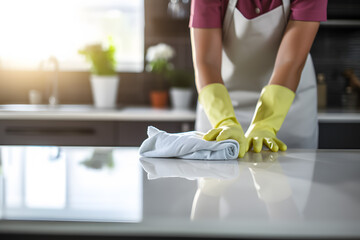 Housewife is doing the spring cleaning at home kitchen with using rag, spraying bottle cleaner to wipe the counter table surface.