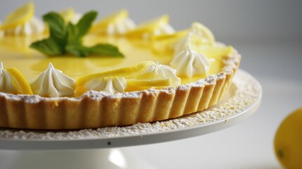 Delicious lemon tart on table.