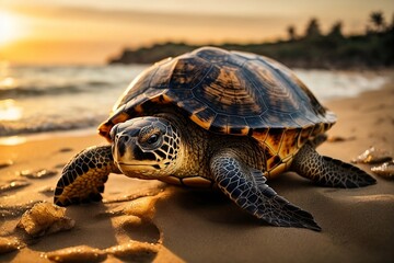 Obraz premium A majestic turtle basks in the warm glow of the setting sun, its shell glistening with the colors of the ocean. The waves gently lap at the shore, creating a peaceful and serene atmosphere. 