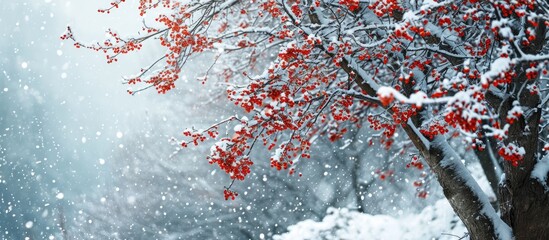 Mountain ash tree with red berries during a snowy winter panorama.