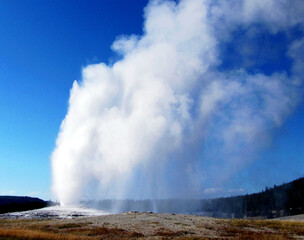 Spectacular panoramic views at Old Faithful Geyser in Yellowstone National Park, Wyoming Montana. Great hiking. Summer wonderland to watch wildlife and natural landscape. Geothermal.