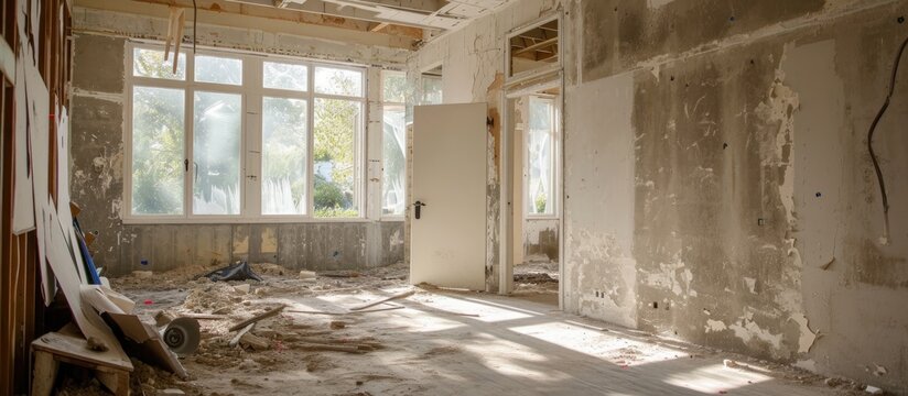 Large-scale renovation of a house creates significant mess due to the demolition of a wall, involving drywall, on a construction site.