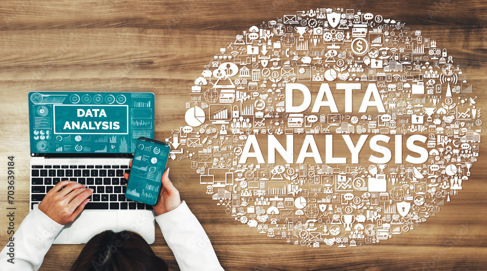Poster data analysis for business and finance concept. interface showing future computer technology of prof