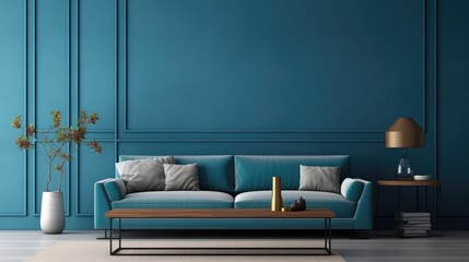 Home interior mock-up with blue sofa, table and decor in living room, 3d render