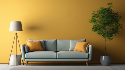 Home interior mock-up with gray sofa, wooden floor lamp and green vase in bright living room, 3d render, 3d illustration